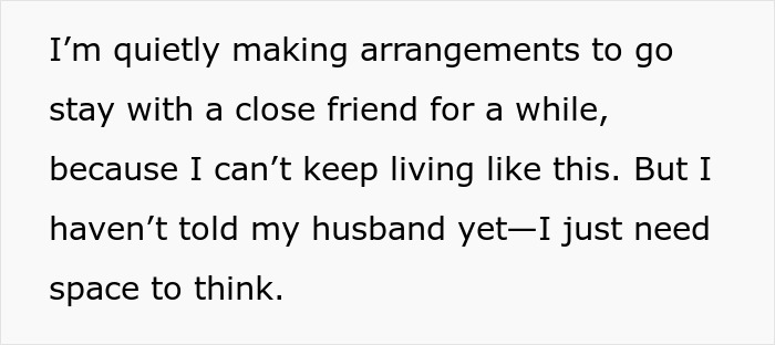 Text excerpt showing a wife quietly making plans to stay with a friend due to family conflict with creepy BIL.
