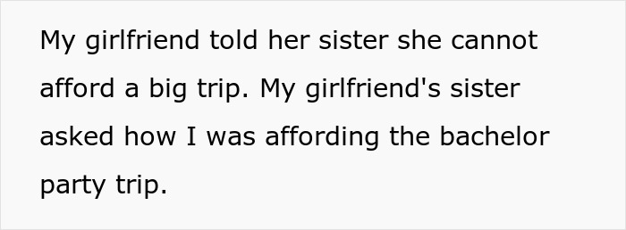 Text conversation discussing girlfriend refusing a big trip and questions about affording a bachelor party trip. Text conversation discussing girlfriend refusing a big trip and questions about affording a bachelor party trip.