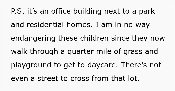 Text excerpt explaining location near a park and homes, clarifying no danger to children walking to daycare.