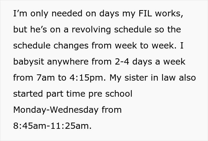 Text discussing babysitting schedule and parents taking guilt-tripping over daughter-in-law refusing cheap babysitting.