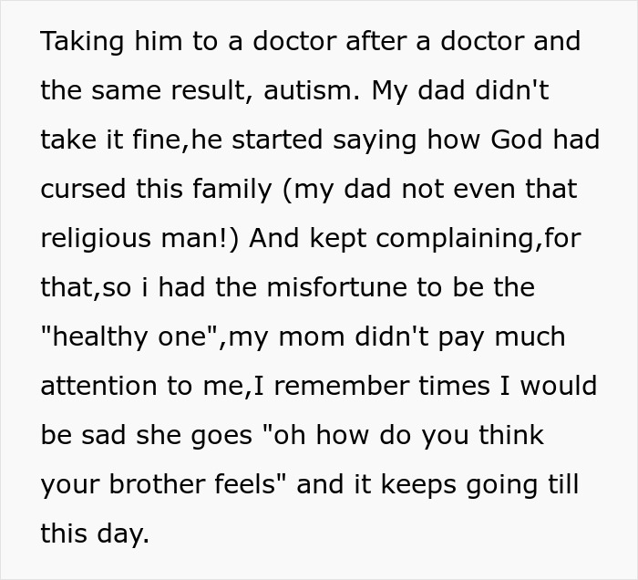 Text about sibling of autistic and epileptic brothers facing neglect and parents demanding part of her salary due to years of struggle.