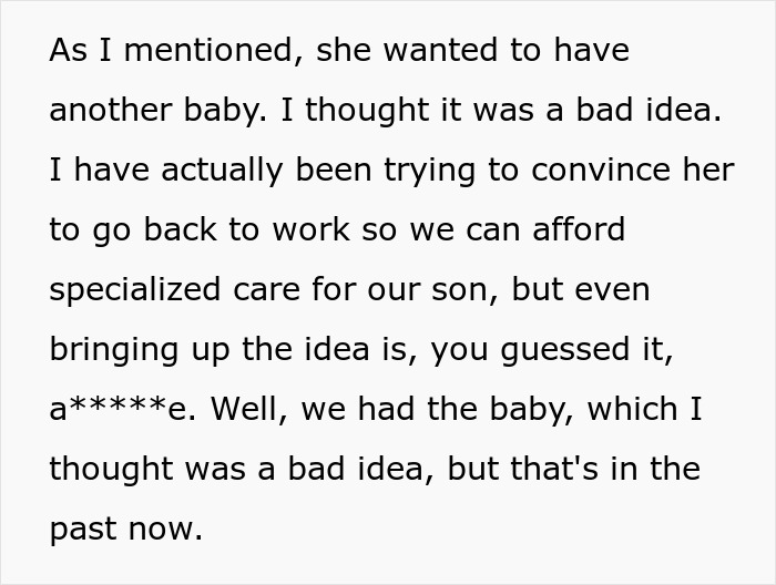 Text discussing a husband opposing another baby, mentioning financial stress and marital conflict about therapy and care.