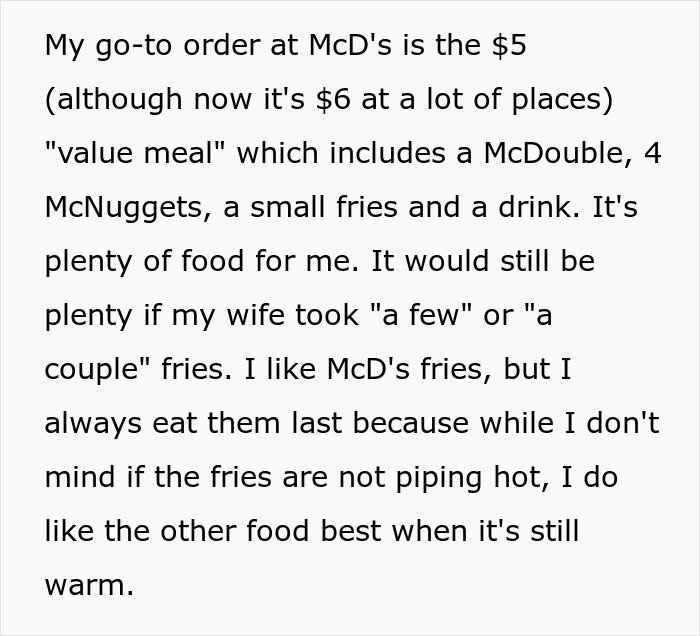 Text excerpt from a man sharing his McDonald's value meal including fries while addressing a family drama about fries. Text excerpt from a man sharing his McDonald's value meal including fries while addressing a family drama about fries.