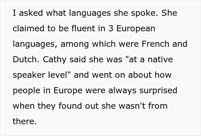 Text excerpt about a woman embarrassing a new colleague by speaking a language she falsely claimed to know well.