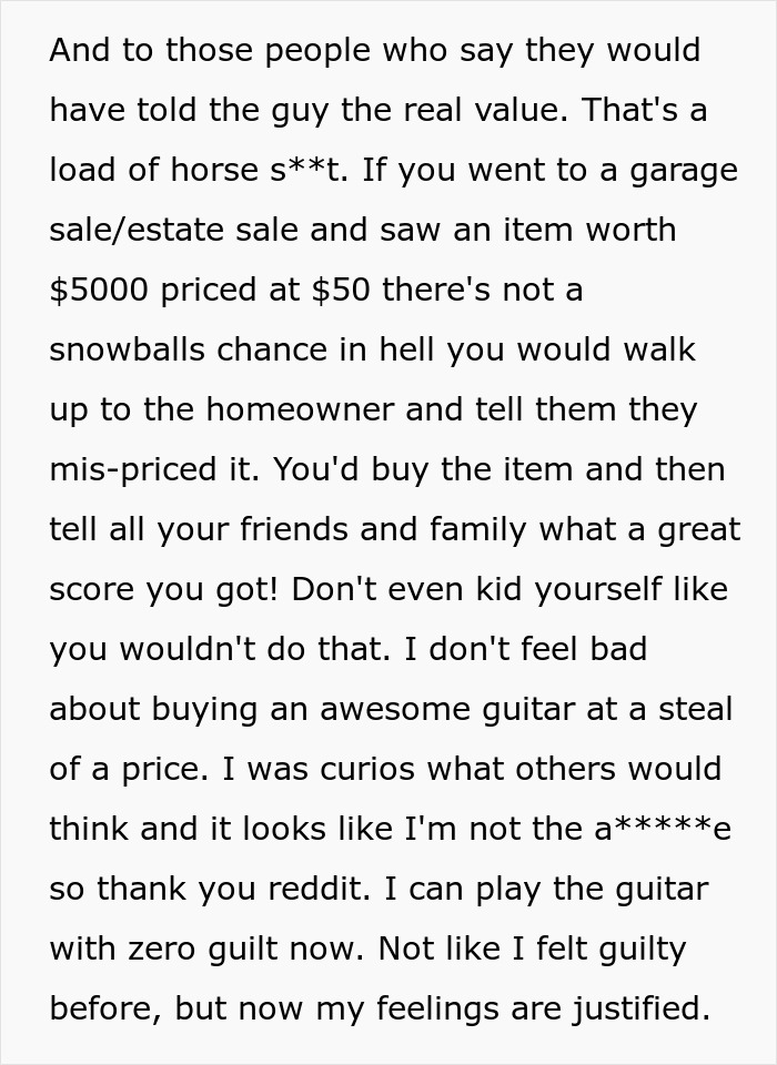 Text discussing buying a $50K guitar for $4K, explaining the refusal to sell it back after the seller learns the truth. Text discussing buying a $50K guitar for $4K, explaining the refusal to sell it back after the seller learns the truth.