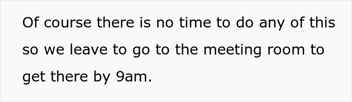 Text snippet about leaving for a meeting by 9am, highlighting a busy work schedule and urgency.