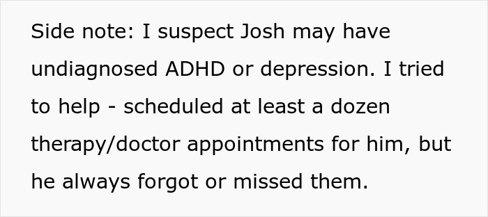 Text on a note explaining suspicion of undiagnosed ADHD or depression and missed therapy appointments for a 23-year-old friend.