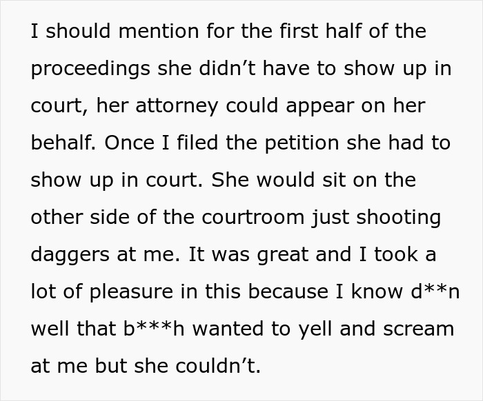 Text excerpt from a court proceeding showing a grieving daughter determined to drive her step-monster to financial ruin.