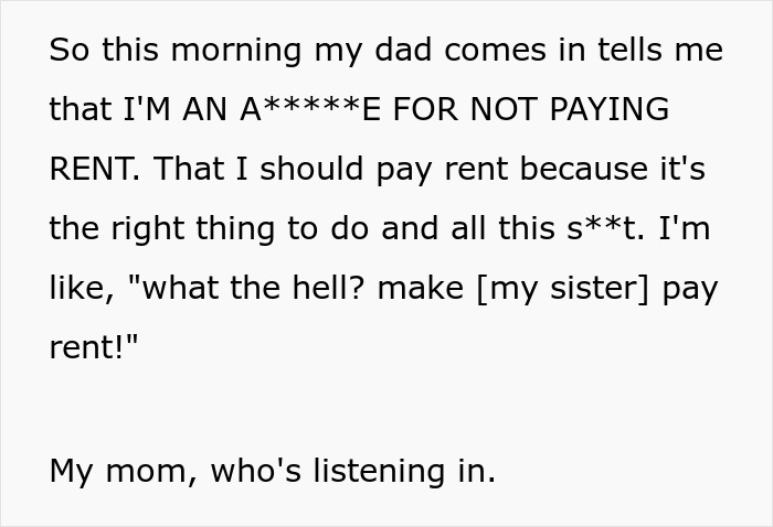 Text message discussing a sibling refusing to pay rent after discovering their sister lives rent free at parents' house.