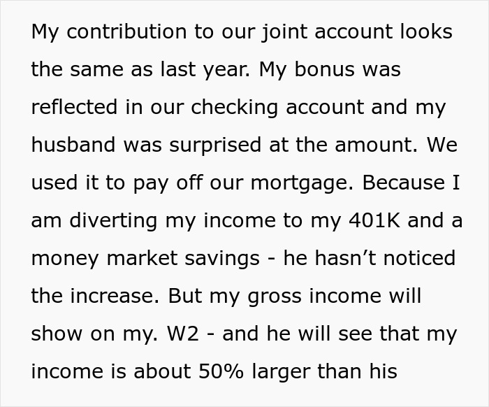 Text excerpt discussing a wife&rsquo;s higher income and concern about husband feeling emasculated in their financial dynamics.