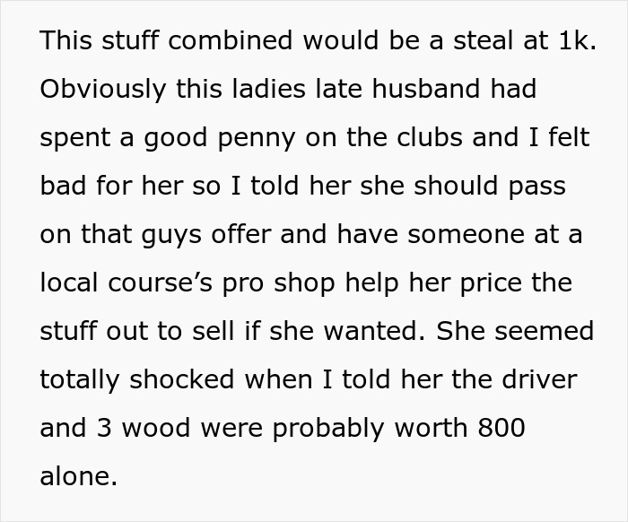 Widow advised to avoid rich guy&rsquo;s low offer on late hubby&rsquo;s golf clubs with help from local pro shop.