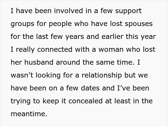 Text passage about connecting in support groups after losing spouses, dating discreetly while grieving and coping.