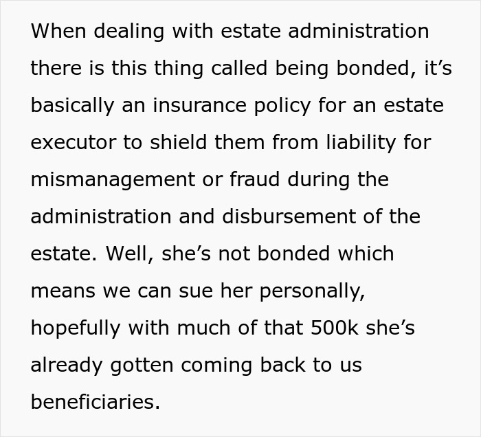 Text about estate administration discussing bonding insurance for executors and suing the step-monster for financial mismanagement.