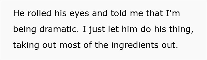 Text excerpt showing a wife describing how her husband yelled and criticized her cooking after limiting ingredient choices.