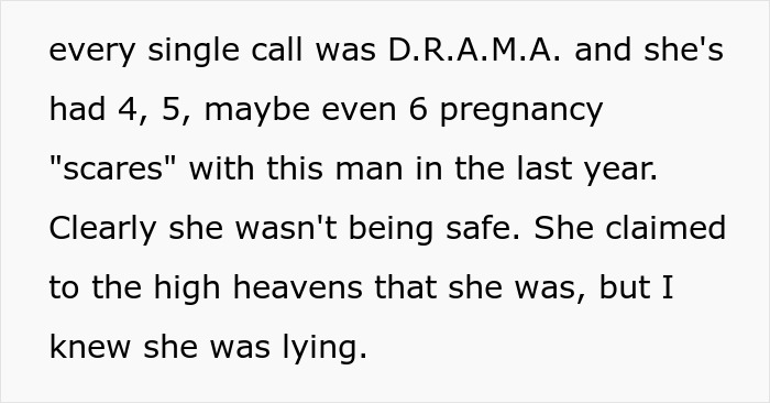 Text excerpt detailing a woman&rsquo;s experience with a friend involved in multiple pregnancy scares and drama.