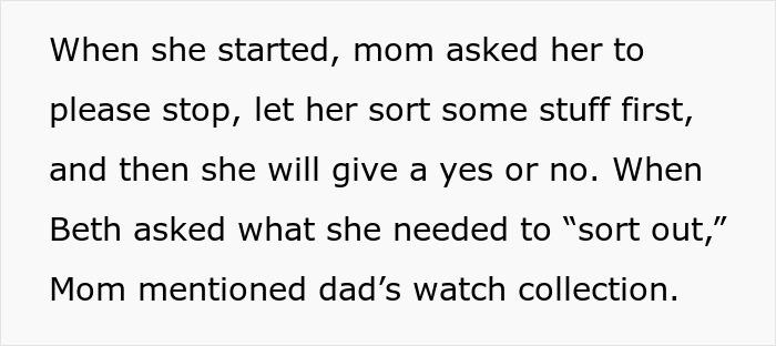 Text excerpt showing a conversation about sorting items and a mention of dad&rsquo;s watch collection in a sister revealed dead brother lie context.