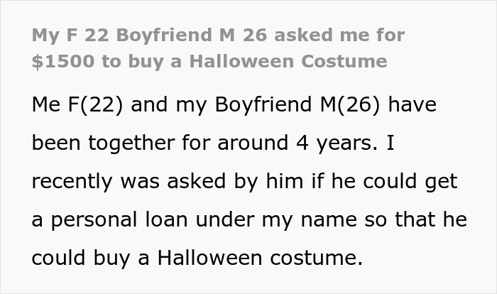 Young woman explains boyfriend with $5K debt asking her to take loan for $1.5K Spiderman costume purchase.