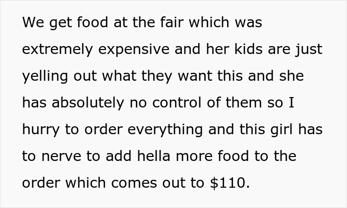 Text excerpt describing a woman&rsquo;s experience with a friend who &ldquo;forgot&rdquo; her wallet and caused a costly food order.