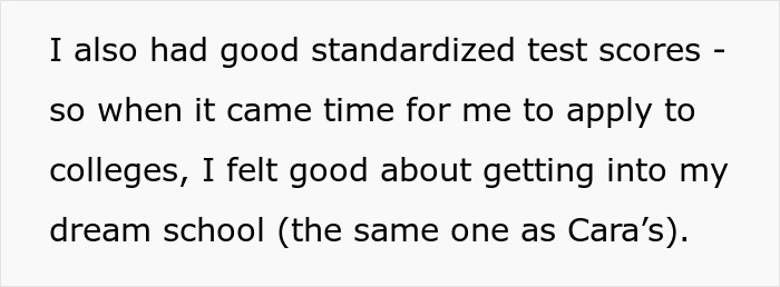 Text showing a golden child reflecting on college dreams after sister gets into her dream college.