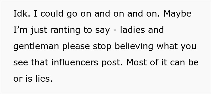Text image showing a message about gym influencer lies and urging people to stop believing influencer posts.