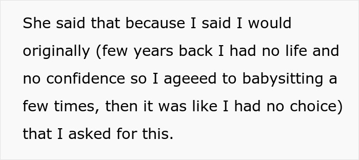 Text excerpt discussing a paralyzed woman refusing babysitting and comments on her social life and confidence.