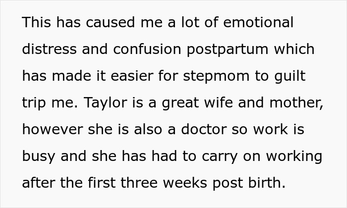 Text excerpt discussing emotional distress and postpartum challenges related to stepsister and parental issues with help refusal.
