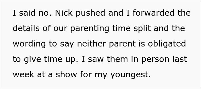 Text excerpt discussing parenting time split and visitation involving kids preferring bio mom over stepmom in a family conflict. Text excerpt discussing parenting time split and visitation involving kids preferring bio mom over stepmom in a family conflict.