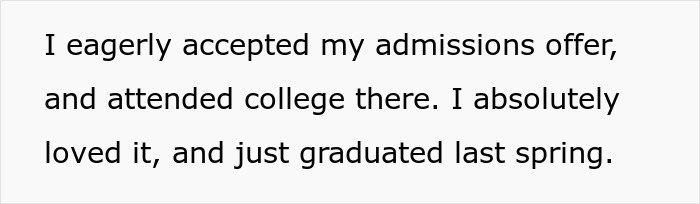 Text excerpt about college admissions and graduation reflecting a golden child's reality check after sister's college success.