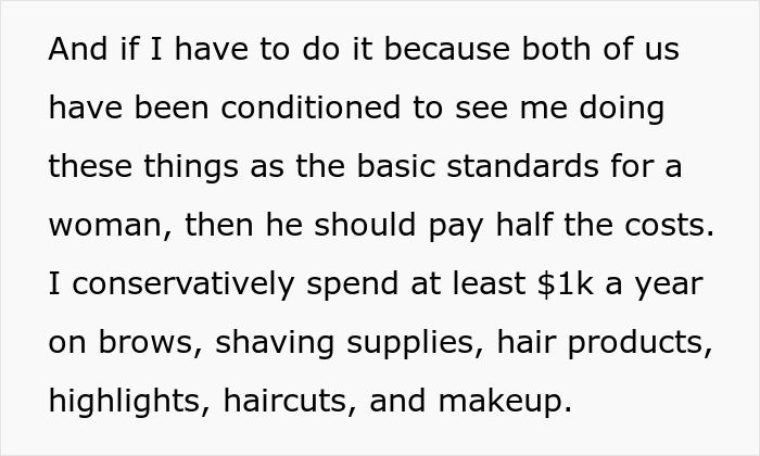 Text discussing a woman&rsquo;s beauty routine expenses including shaving supplies, hair products, highlights, haircuts, and makeup.