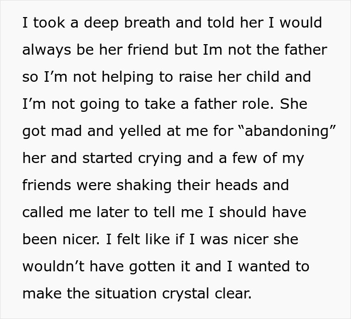 Text excerpt showing a man refusing to take a father role despite woman keeping ex&rsquo;s baby and expecting help.