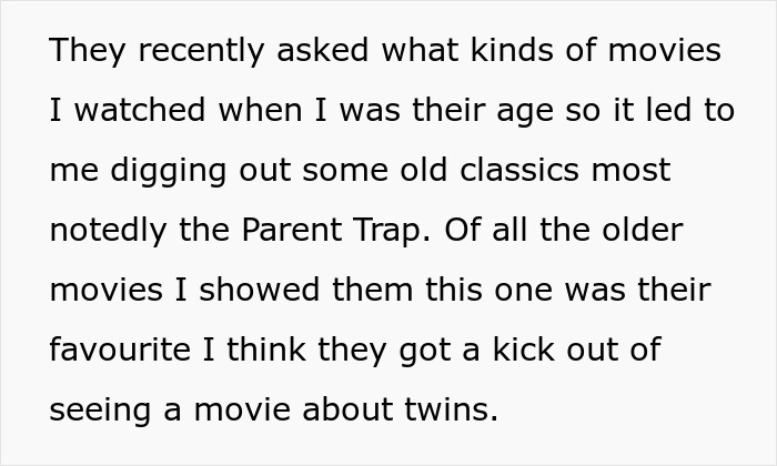 Text about twins watching the movie Parent Trap and wanting to dress in a group Halloween costume with their stepmom.