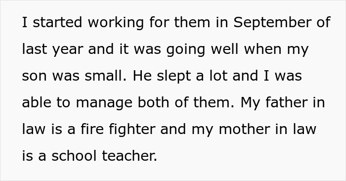 Text excerpt explaining a daughter-in-law managing childcare while parents-in-law pressure her to be a cheap babysitter.