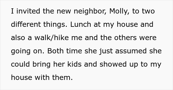 Text excerpt about a mom of 4 bringing her kids to group activities, causing upset with neighbor invitations.