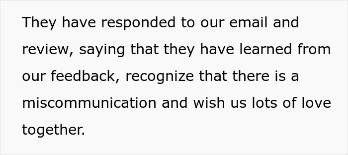 Text excerpt showing wedding vendors responding to feedback after leaving bride with no cupcakes due to allergy miscommunication.