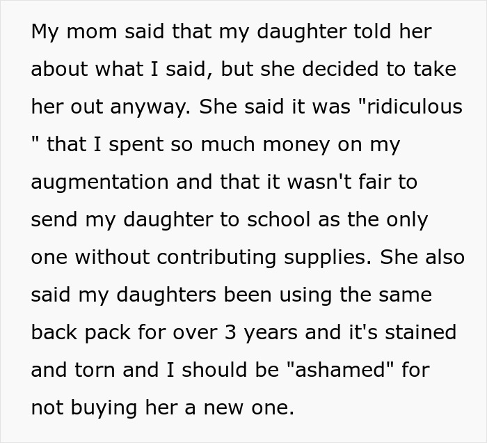 Text of a single mom facing backlash after spending thousands on plastic surgery instead of school supplies for her daughter.