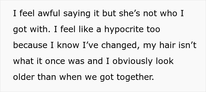Text expressing a husband feeling unattracted to his wife after plastic surgery, reflecting on changes in appearance.