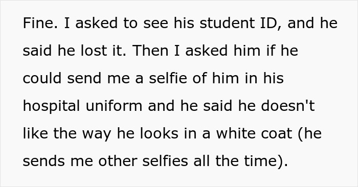 Text message conversation showing a woman questioning a guy about his student ID and hospital uniform selfies.