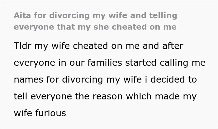 Text snippet about wife cheating and family lashing out after husband divorces her over one kiss incident.
