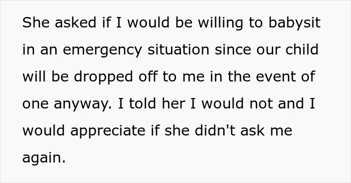 Alt text: Text about a woman expecting help from her ex-husband after leaving him for another man, but he refuses to babysit.