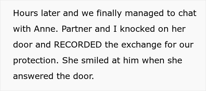 Text excerpt describing a recorded conversation with Anne after knocking on her door concerning an elderly lady planning to steal a neighbor&rsquo;s dog.