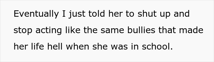Alt text: Text describing a husband accusing his wife of acting like bullies who made her life hell during school.