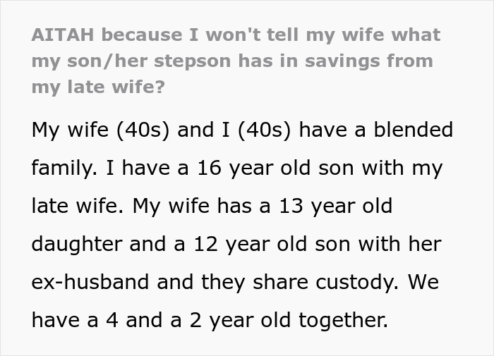 Wife throws tantrum over husband not disclosing stepson's inheritance from late mother in blended family conflict.