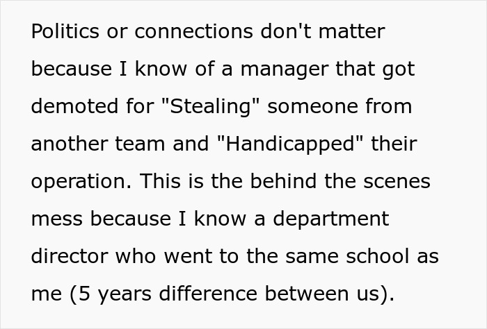 Text discussing a manager demoted for harming another team's operation, highlighting employee concerns about exposing management and HR.