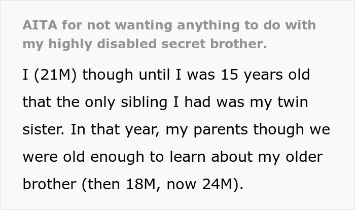 Text post about parents urging son to care for disabled brother, with sister upset over his refusal to help.