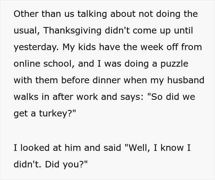 Text excerpt showing a woman upset as her husband assumed she planned Thanksgiving despite never doing so.