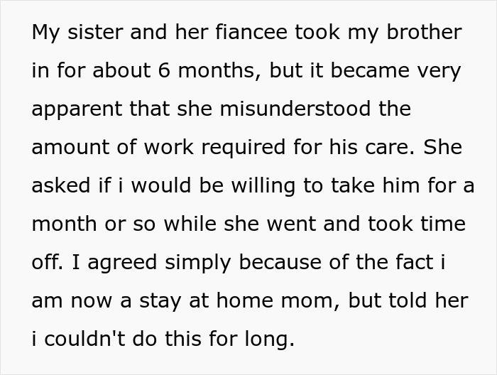 Text showing a woman explaining how her sister abandoned their autistic brother and left her to care for him alone.