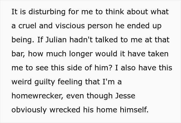 Text excerpt highlighting a woman reflecting on a cruel person and feelings of guilt after meeting her boyfriend&rsquo;s grown son.