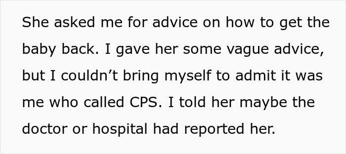 Text excerpt about a guy reporting his sister to CPS after hearing her plan to illegally adopt a baby. Text excerpt about a guy reporting his sister to CPS after hearing her plan to illegally adopt a baby.