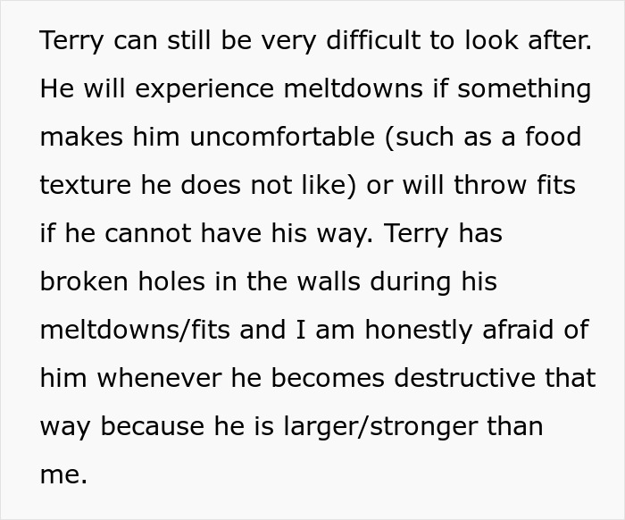 Text describing challenges caring for disabled brother Terry, highlighting meltdowns and boundary struggles in caregiving.