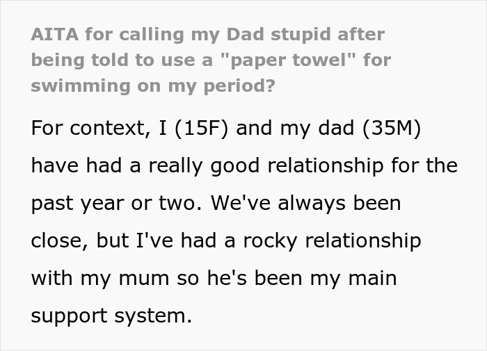 Teen girl calls out clueless dad for suggesting paper towel use to swim on period in a candid family conversation.